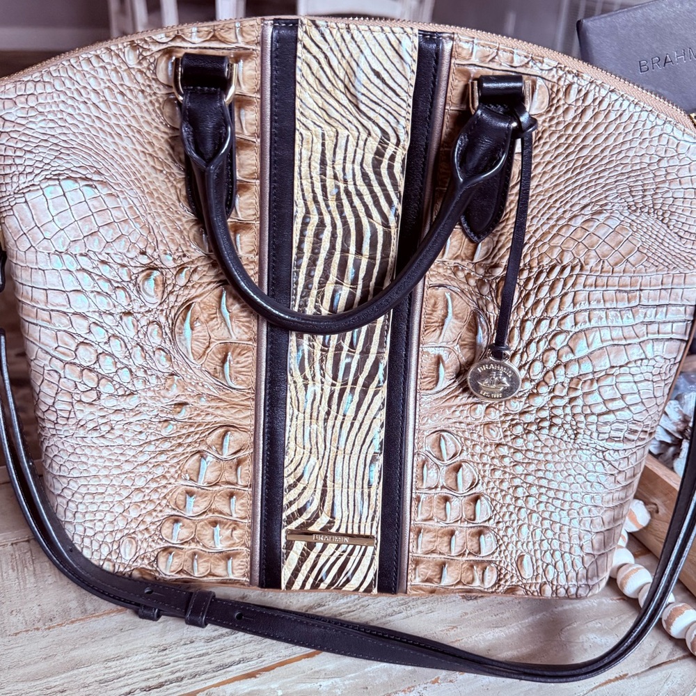 Brahmin Tan and Black Crocodile-Embossed Shoulder Bag - Picture 6 of 7